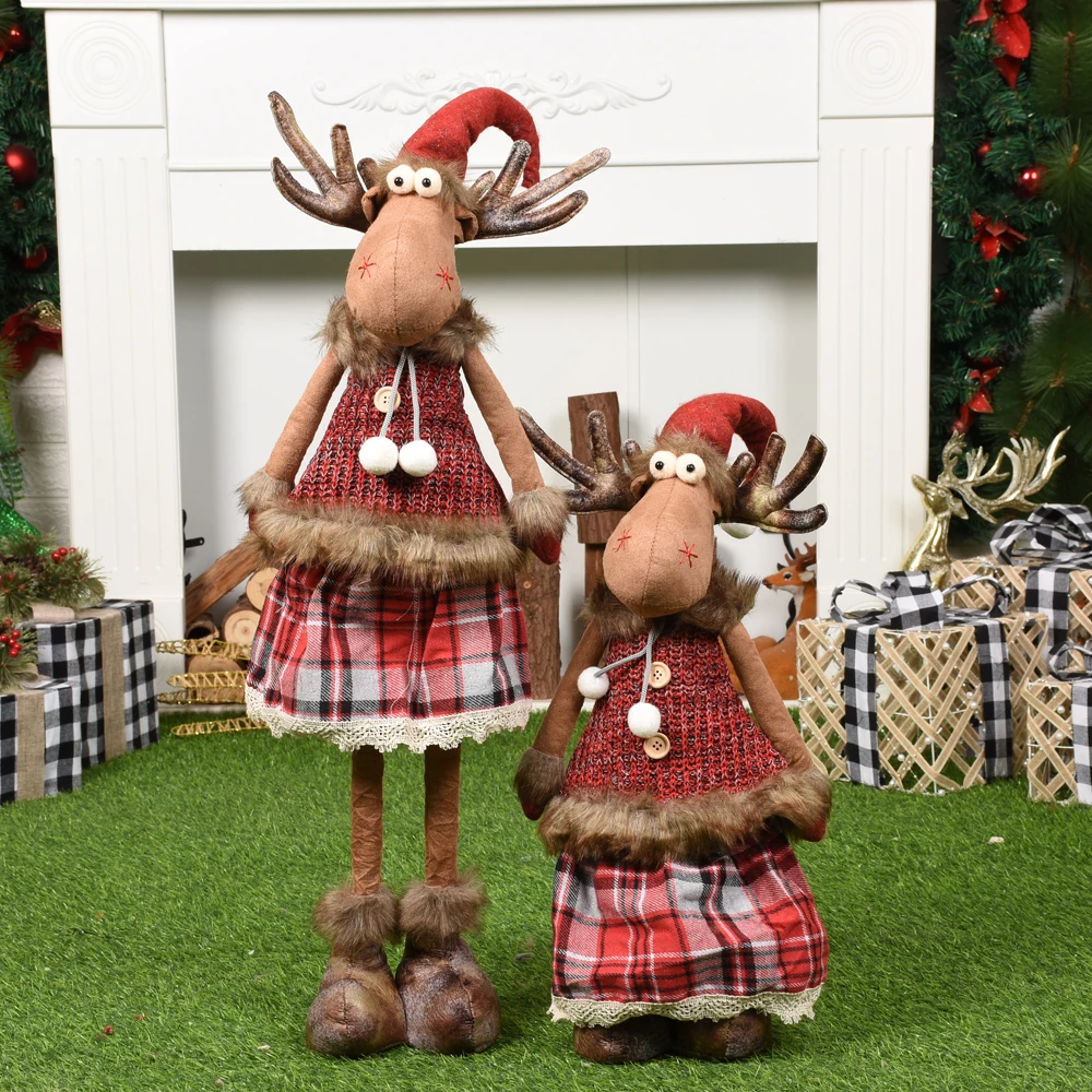 Large Retractable Christmas Elk Dolls Decoration Plush Reendeer Figurine with Telescopic Legs Home Holiday Ornament Xmas Gift