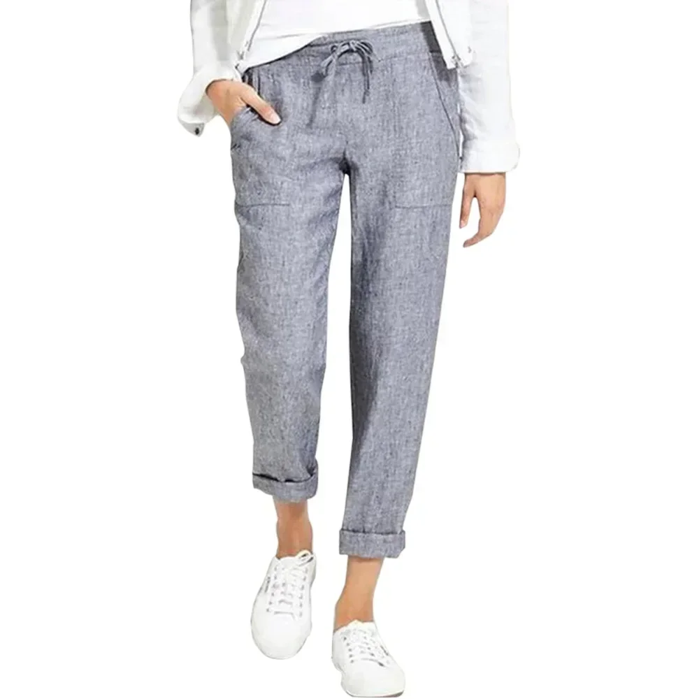 2025 Summer Cotton Linen Women's Pants Black Lace Up Pockets High Waist Casual Pants Spring Female Fashion Office Ladies Bottom