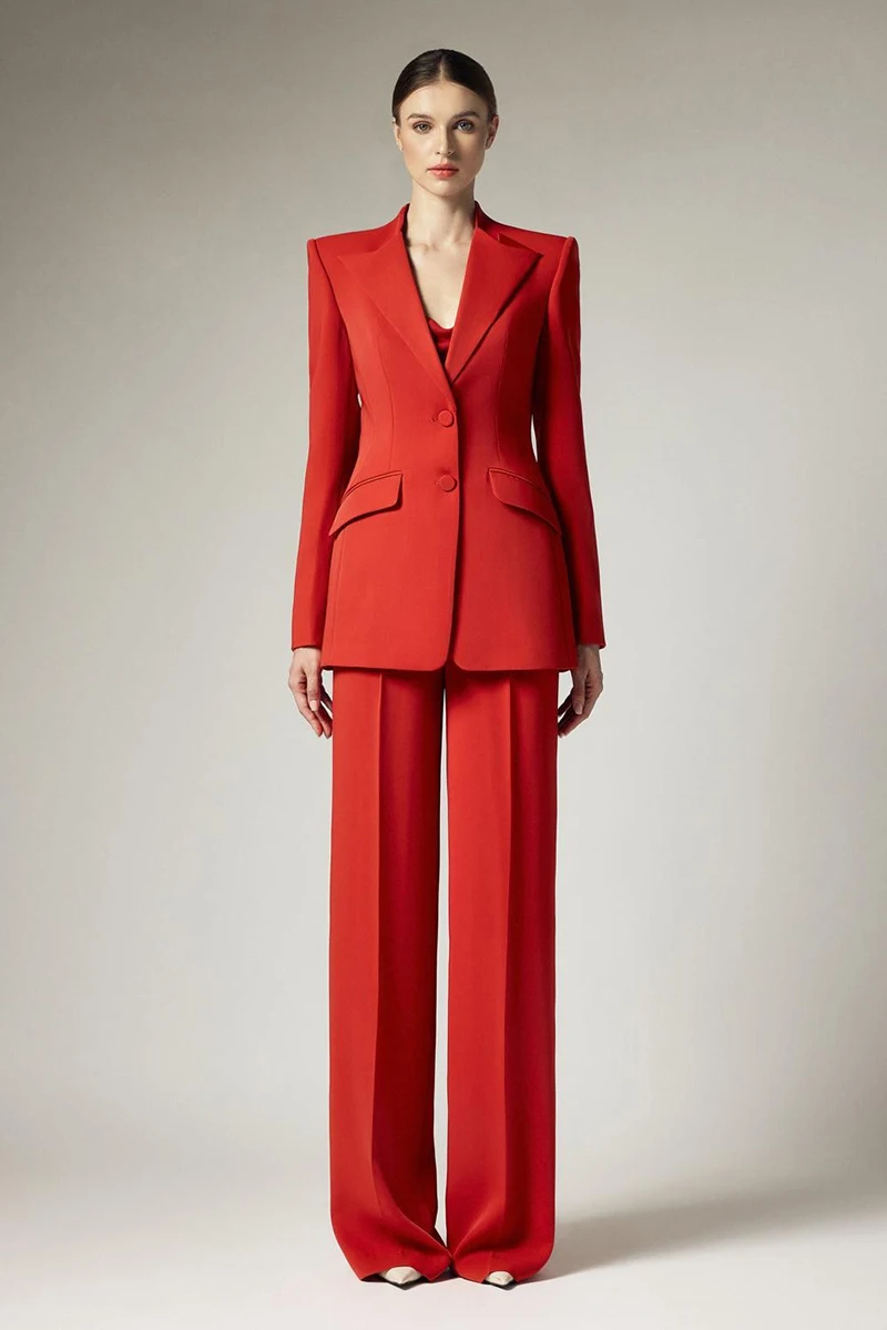 

Red Women Suits Set 2 Piece Slim Fitted Jacket with Trousres Single Breasted Coat Classic Style Coat Wide Leg Pants