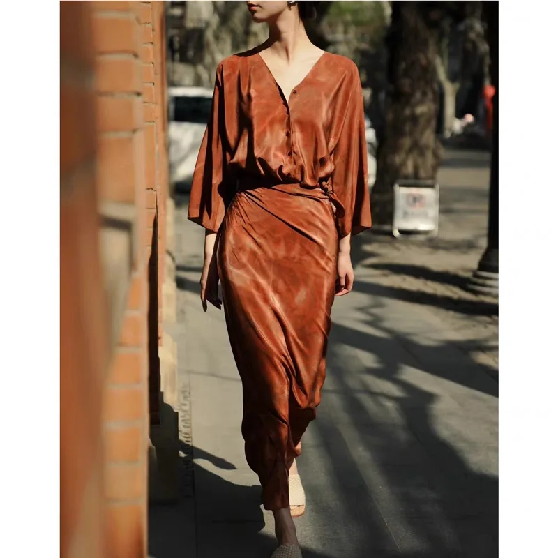 

Women Real Tie Dye Style Dress Wrap Fashion Design Slim Maxi Dress