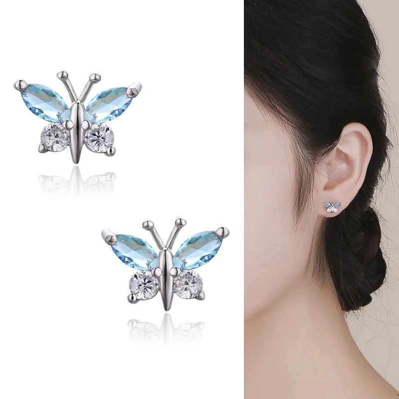 Cute Small 925 Sterling Silver Butterfly Sky Blue CZ Stud Earrings For Women Children Girls Kids Jewellery Orecchini Aros Aretes