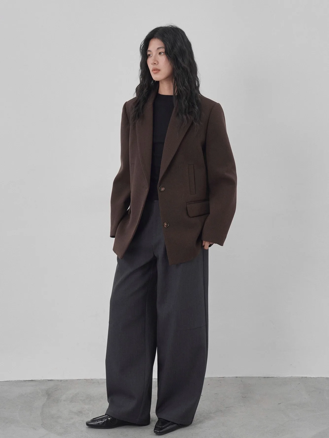 

EIGHTHMONTH Vintage Brown Suit Jaet Women's Loose Slimming Outerwear Casual Straight Cut Polyester Fiber Long Sve Button up