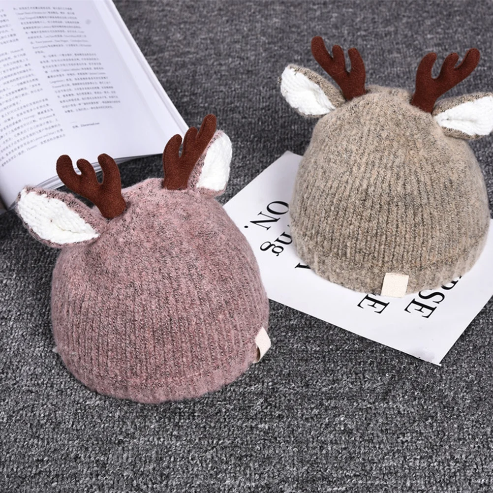 قبعة أطفال محبوكة من الصوف على شكل قرون وردي للخريف والشتاء بتصميم دافئ قابل للتمدد من عمر 0 إلى 3 سنوات قبعة عيد الميلاد