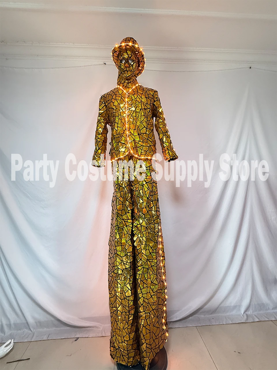 Costume da trampoli con paillettes a specchio LED: vestito da robot walker per spettacoli teatrali, eventi DJ