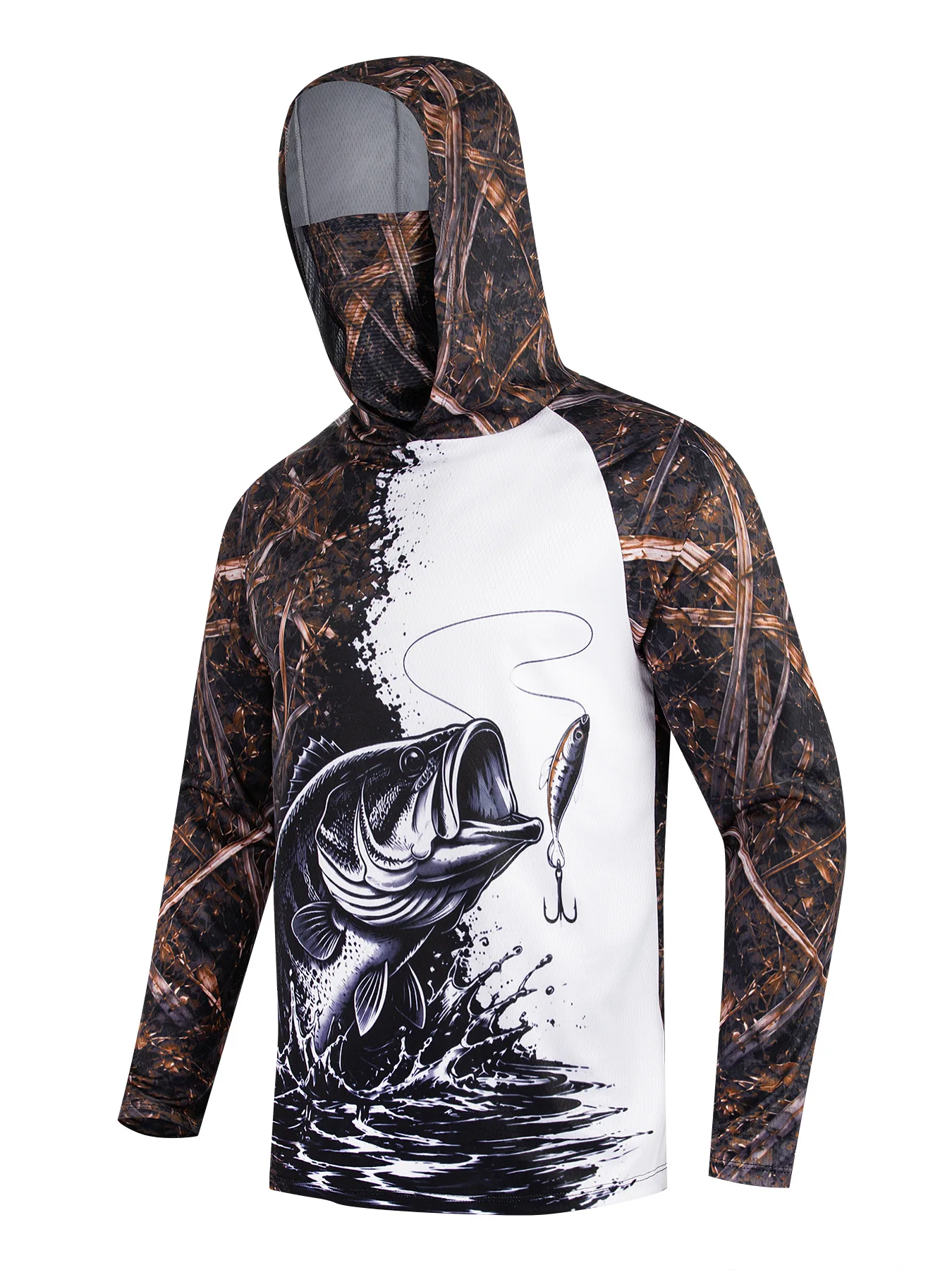 Quick-Dry Fishing Hoodie for Men UV Sun Protection with Face Mask Neck Gaiter Breathable Anti-Mosquito Outdoor Hooded Shirt