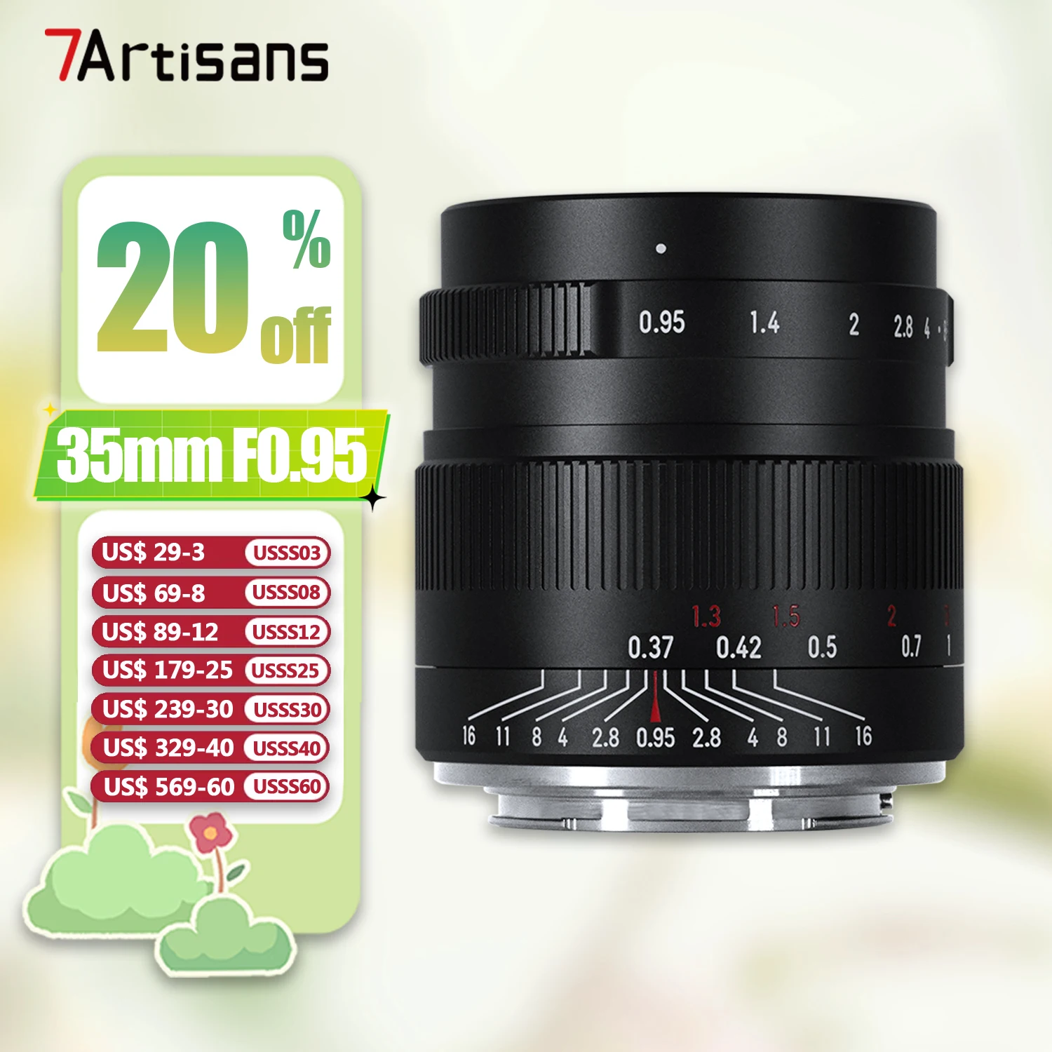 

7artisans APS-C 35mm F0.95 Extra-large Aperture Portrait Camera Lens with Sony E Nikon Z Fujifilm XF Canon EOS-M RF M43 Mount