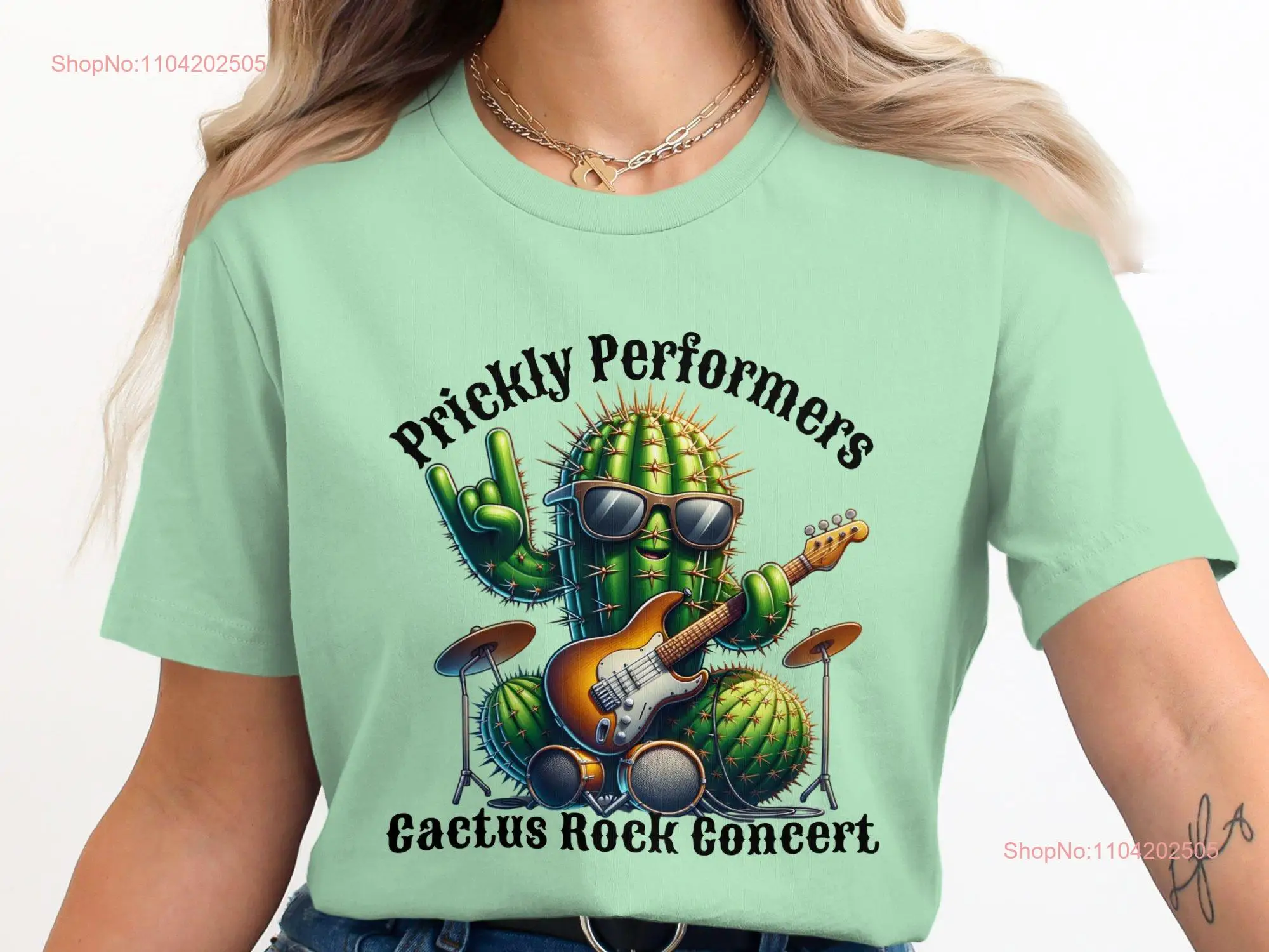 Prickly Performers Cactus Rock Concert T Shirt Funny Playing Guitar Music Lovers Unique Outfit long or short sleeves