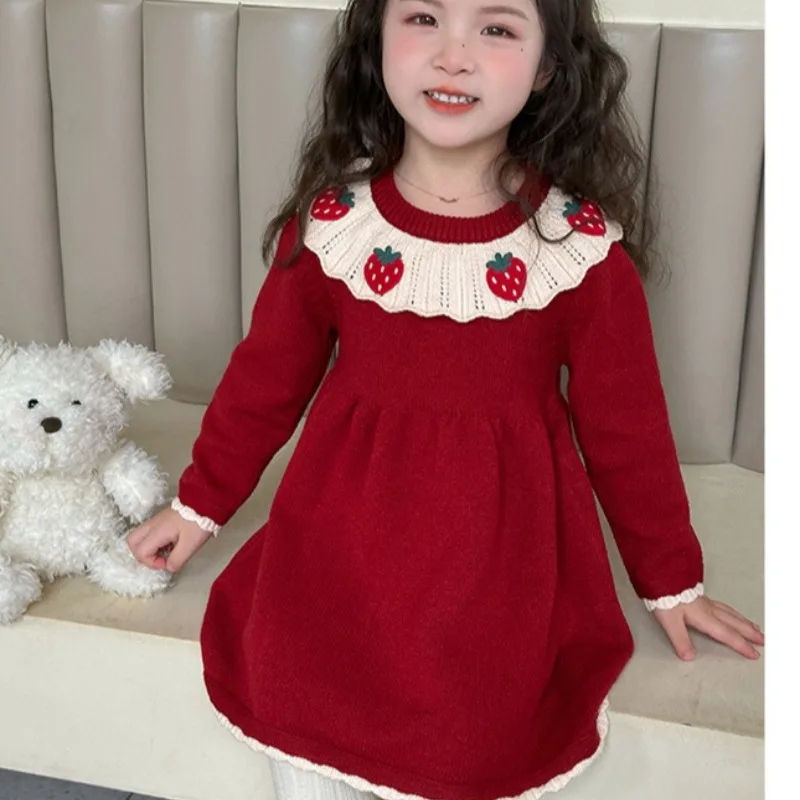 

Girls' Strawberry Collar Woolen Dress Spring and Autumn Winter New Children's Korean Fashion Little Girl Hooded Knitted Shirt