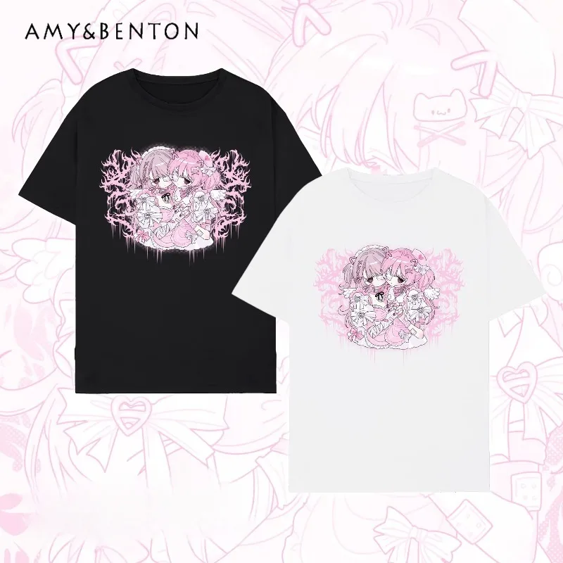 

Свободная футболка с принтом японского аниме в темном стиле, милая футболка с короткими рукавами для женщин, горячая девушка Y2K, уличная готическая футболка большого размера, топы Kawaii