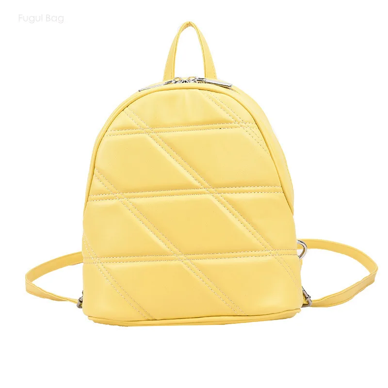 Mochila casual versátil feminina, bolsa de couro simples, grade diamante, monocromática, estudante de deslocamento, nova tendência, moda