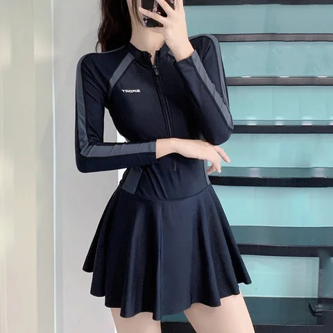 Letter Long Sleeve Zipper Skirt Swimsuit Color Blocking Beachwear Hot Spring Swimwear Sporty Style Ins Swimming Pool Swimwear
