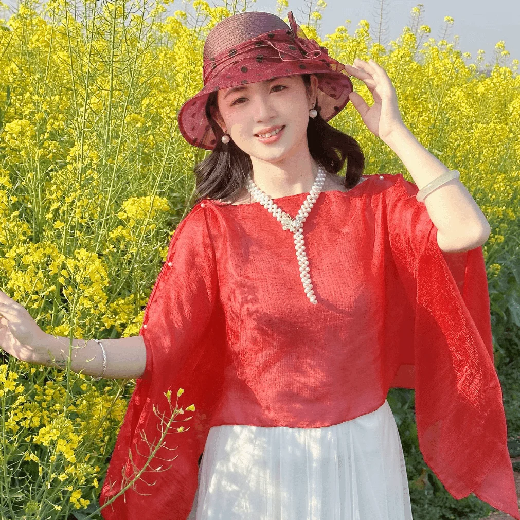 Summer Sunscreen Shawl Elegant Satin Multi-color Streamer Pearl Scarf Sun Protection Clothing Women Thin Air Conditioned Shirts