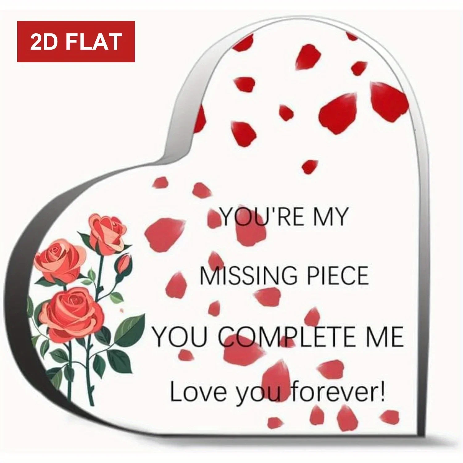 Heart Acrylic Desk Plaque Romantic Gift, Red Rose Petal You Complete Me Tabletop Ornament