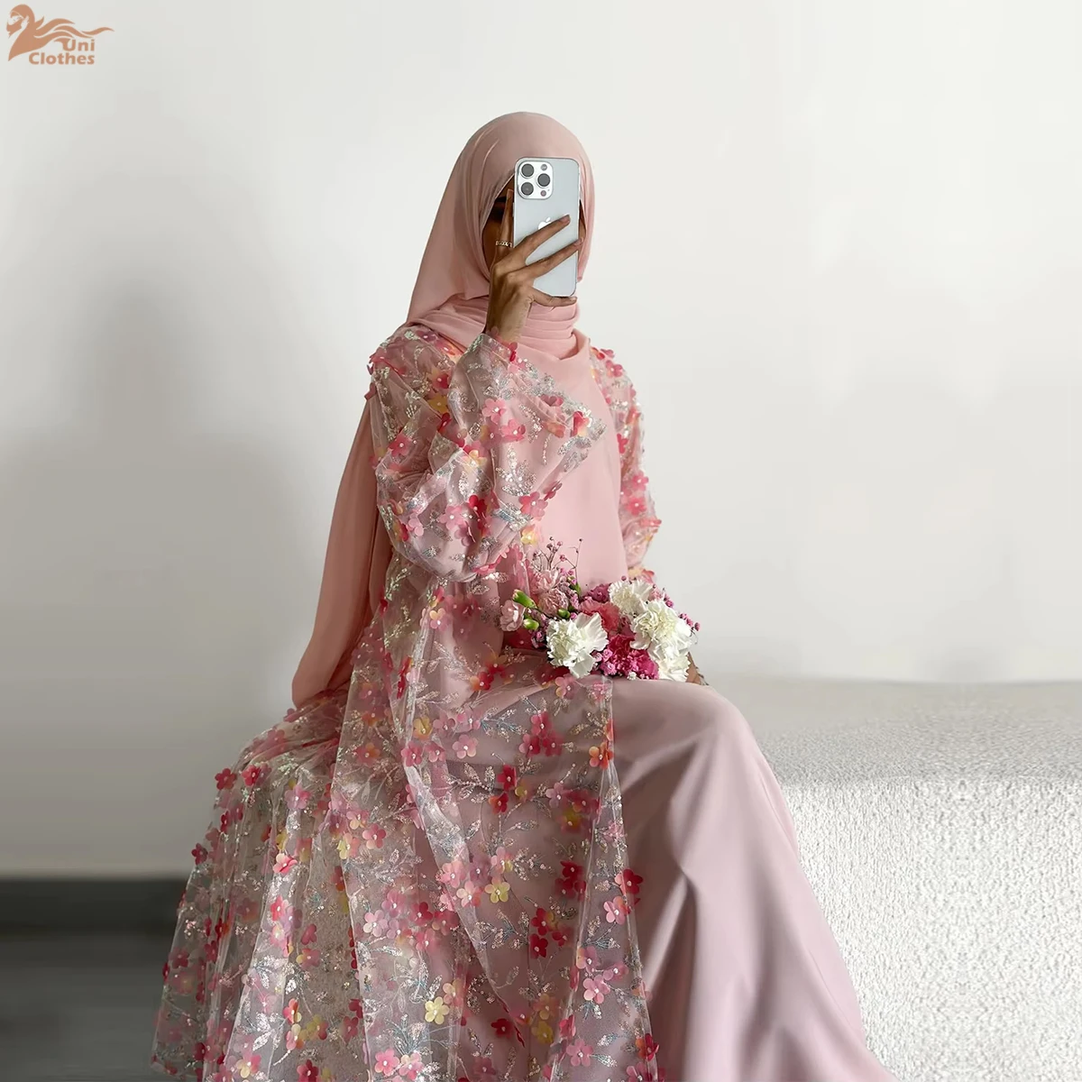 

2026 Luxury Abaya EID Collection Floral Embroidery Lace Abaya 3 Pieces Set Modest Abaya Women Muslim Dress with Inner and Hijab