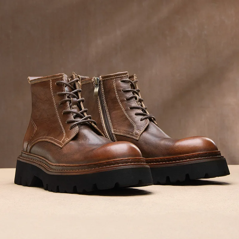 

YETTIES Men's Zipper Ankle Work Boots, Genuine Leather Chunky Sole Combat Boots, British Vintage Elevator Shoes with Side Zipper