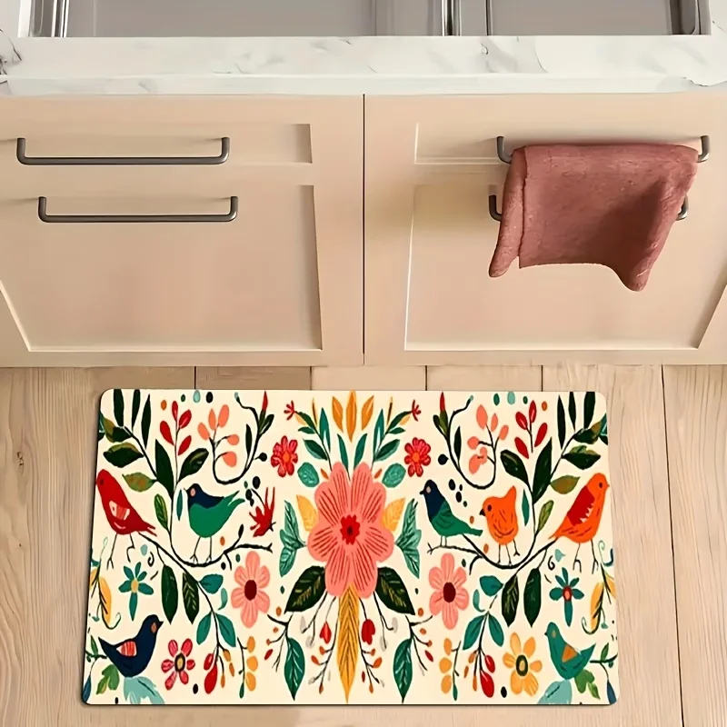 Boho Floral Bird Kitchen Mat - Non-Slip Runner Rug, Colorful Flower & Bird Print, Hallway Carpet & Floor Mat for Cottage Decor