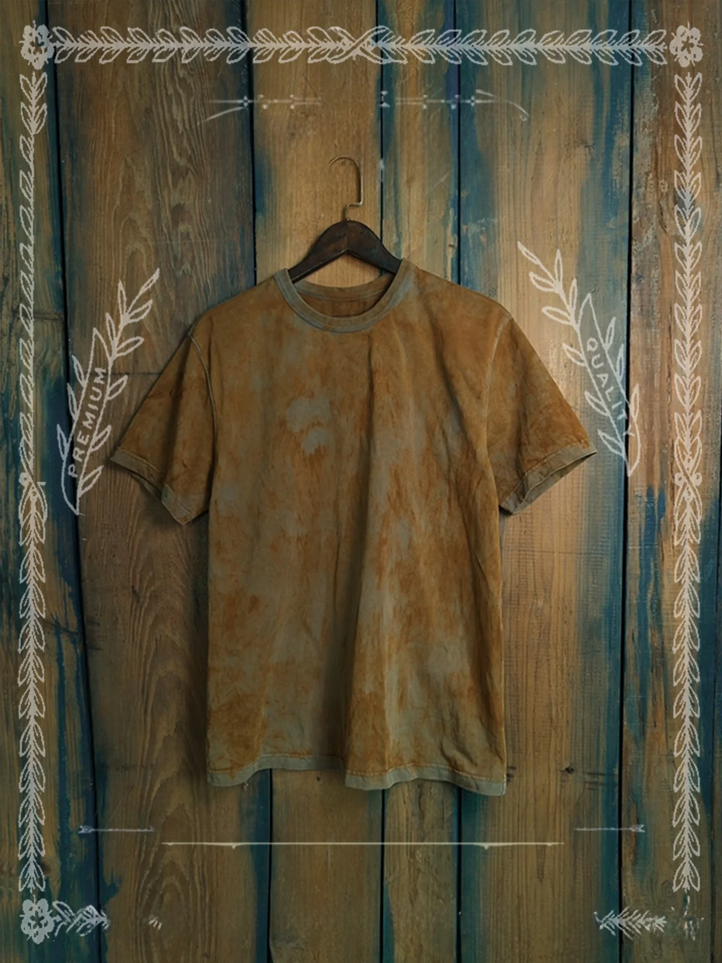 Retro American Handmade Pure Cotton Short Sleeve T-Shirt Plant Dyeing Chestnut Rust Dyeing Worn Base Layer Men's Top