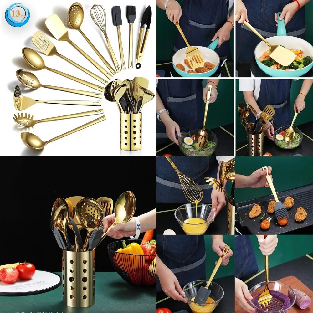 

13-Piece Titanium Gold-Plated Stainless Steel Kitchen Utensils Set with Holder, Dishwasher Safe and Easy Clean