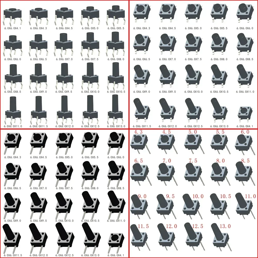 

50pcs Tactile Switch 6x6mm H=4.1/4.3/5/5.5/6/7/8/9/~13mm Momentary Tact Button Mini Push Button 4Pin/2Pin DIP/SMT Widely Use