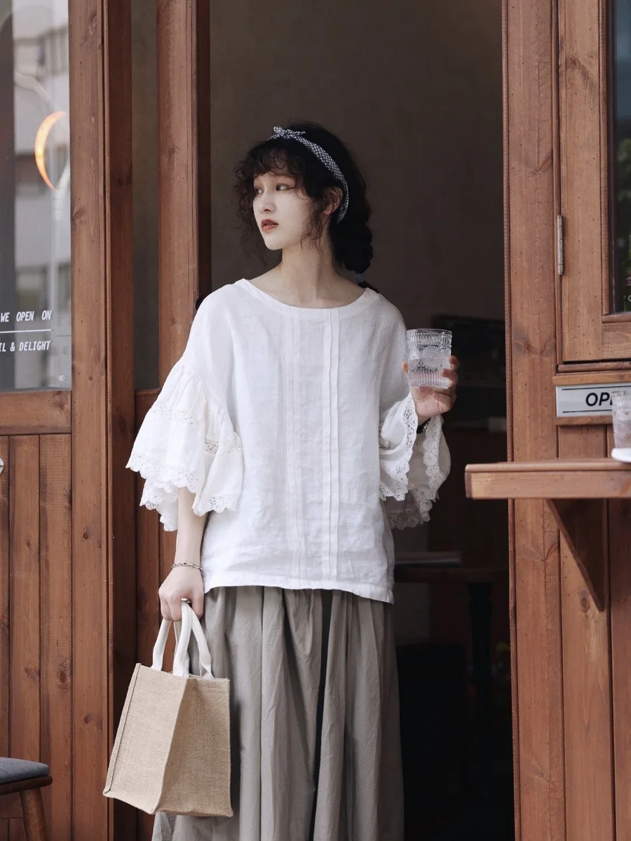 

Женская блузка в японском стиле с коротким рукавом, свободного кроя, модная, милая, художественная, ретро, с кружевными рукавами, летняя рубашка