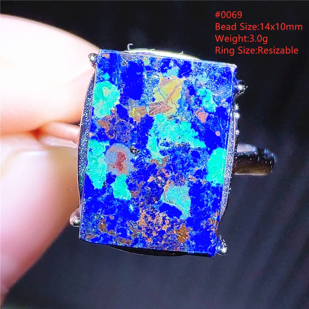 Natural Blue Azurite Malachite Adjustable Ring 14x10mm 925 Sterling Silver Women Lapis Lazuli AAAAAA