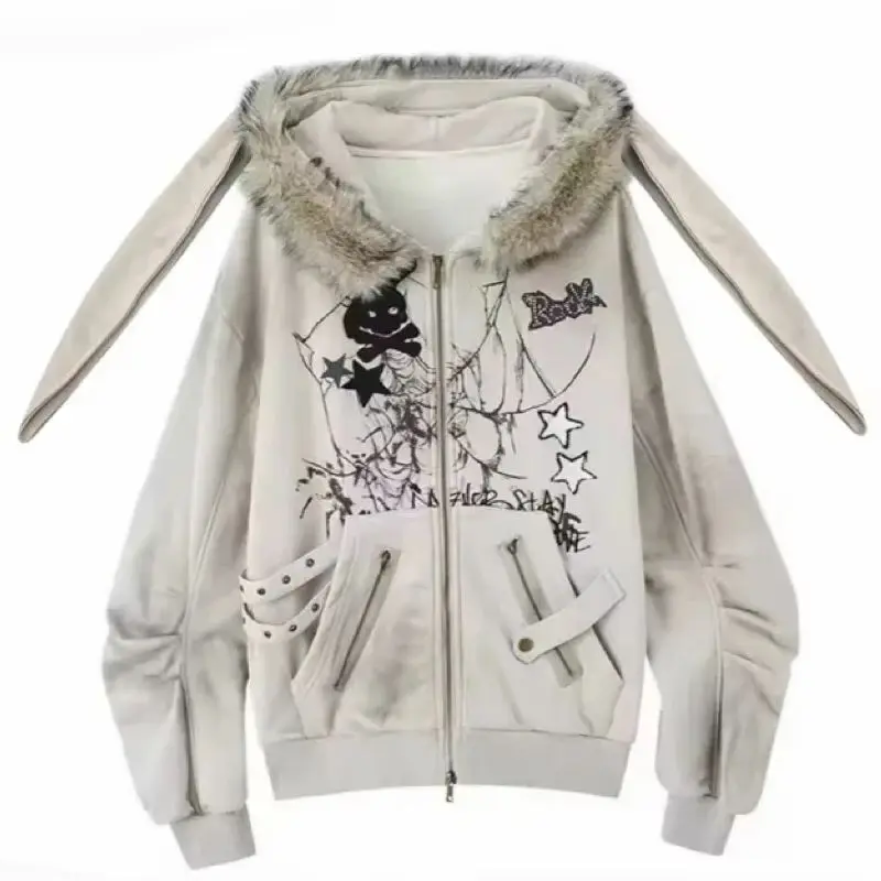 Y2k Vintage Sottocultura Manica lunga Giacca con cappuccio Donna Orecchie di coniglio Felpa Kawaii Americano Retro Colletto finto 2025 Autunno