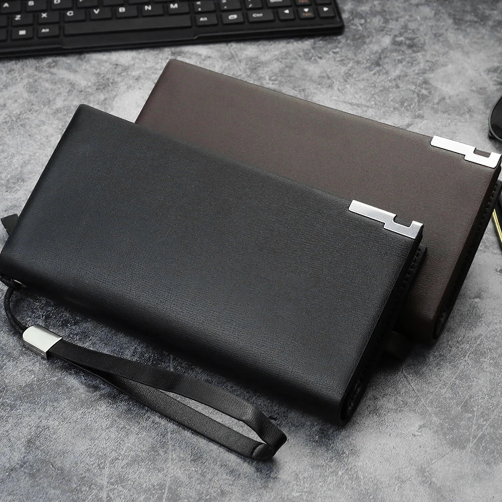 سعة كبيرة للرجال، محفظة طويلة بسحاب من البولي يوريثان الفاخر، متعددة السعة، فتحات للبطاقات، حقيبة تخزين للهاتف باللون الأسود