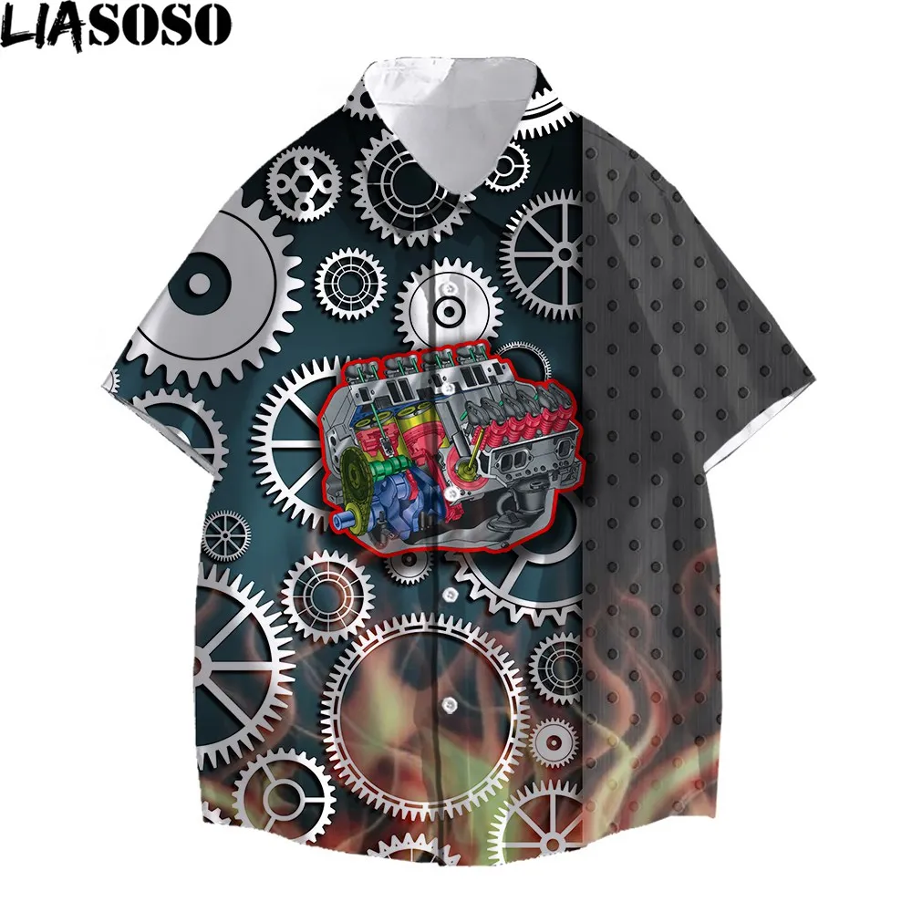 LIASOSO 3D Print Hawaiian Shirt Men Women Mechanical Motor Industrial Metal Style Summer Beach Vacation Travel Casual Shirt Tops