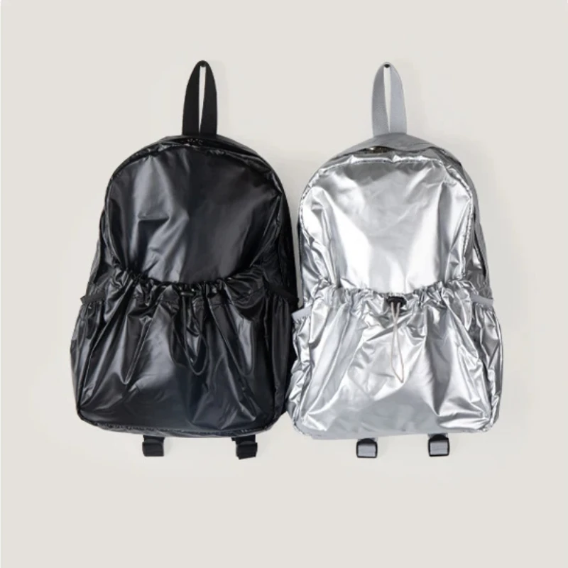 

New Silver Textured Drawstring Backpack Large Capacity Casual Backpack Female Niche Design Lazy Style Backpack