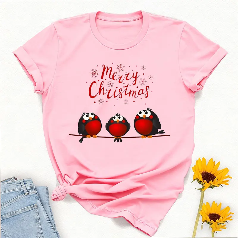 Merry Christmas Three Little Red Robins Sat on A Branch Womens Boyfriend Fit Crewneck High Quality Cotton Graphic T Shirts