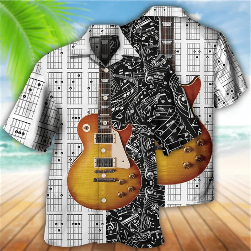 Fashion Guitar Bass 3D Printed Men Hawaiian Shirt Vintage Casual Lapel Short Sleeve With Button Trendy Summer Mens Clothing