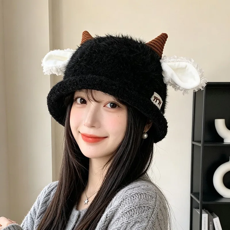 Winter Thick Fuzzy Bucket Hat Women Warm Plush Fur Hat Sheep Horn Lamb Ear Cap Cold Proof Soft Fleece Lined Cute Kawaii Hat