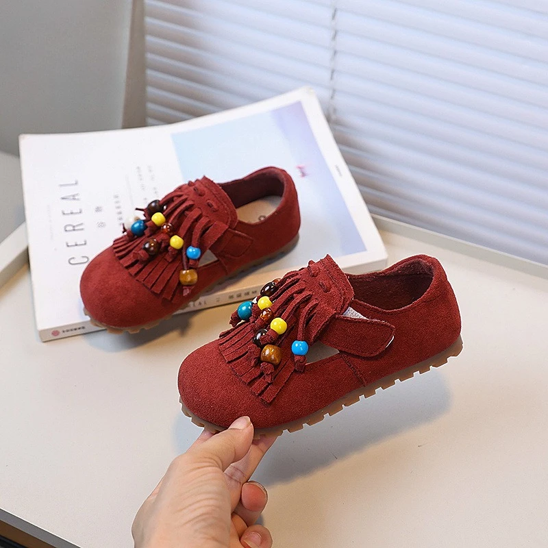 

New Fashion Girls Retro Dress Shoes Trend Tassel Children's Causal Leather Shoes Soft Bottom Princess Kids Beading Flat Shoes