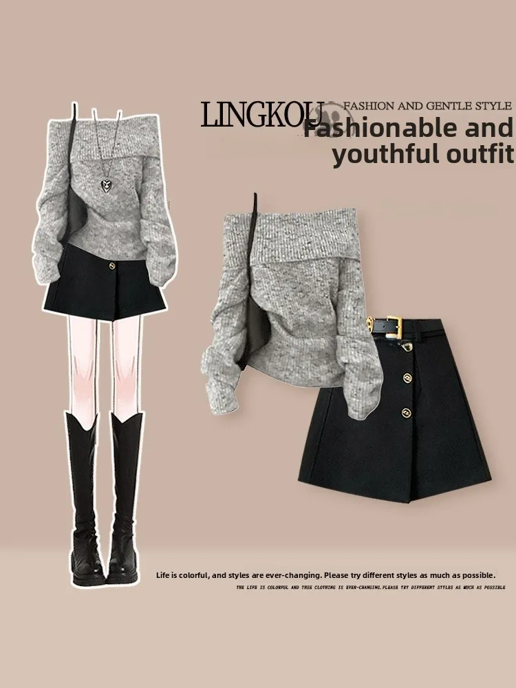 

Elegant Large Size Autumn Knitted Sweater And Short Skirt Set Women's Sweet Spicy Style Shoulder Exposure High Waist Short Sk...