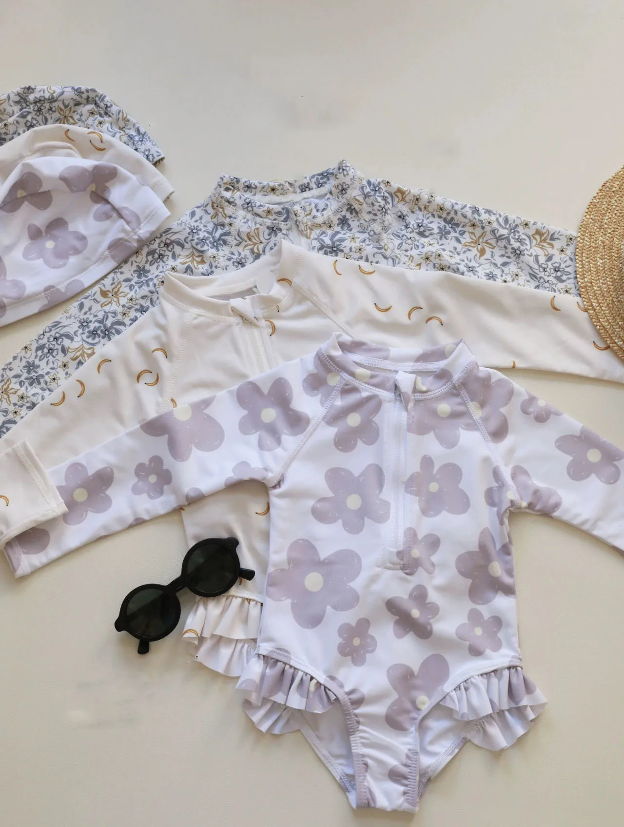 1-7T Kids Girls Summer Swimming Suit Sets Floral Print Beach Seaside Clothes Long Sleeve Ruffle Jumpsuit+Hat Sunbathing Swimwear
