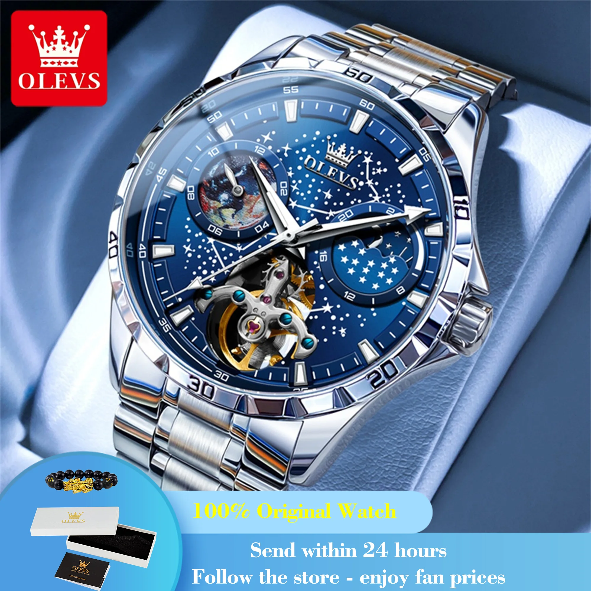 

OLEVS 6689 Men Automatic Watch Starry Sky Original Mechanical Watch For Men 42mm Big Dial Waterproof Hollow Moon Phase Man Clock