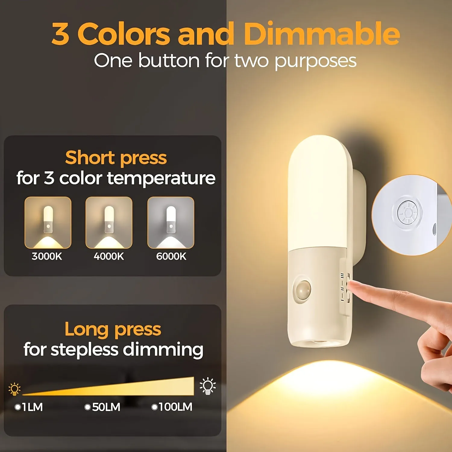 Luce notturna con sensore di movimento da 2 pezzi, luminosità regolabile, adatta per camere da letto, cucine, armadi, scale, corridoi