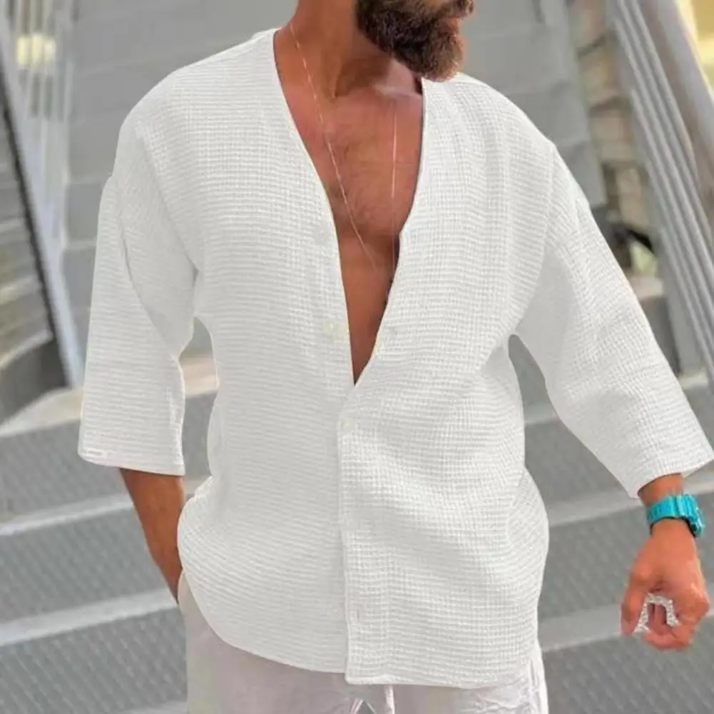 Men Shirt Tops Men's Casual Waffle Texture V-neck Shirts Loose Fit Single Breasted for Summer Streetwear Men Casual Shirt