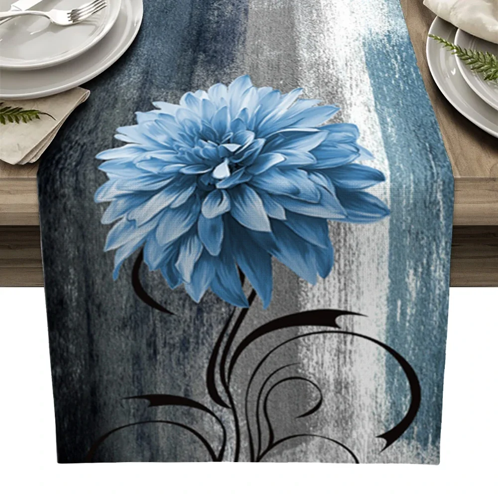 Pintura al óleo de Dahlia, camino de mesa azul, decoración de fiesta, tela antimanchas para comedor, cubierta decorativa para boda