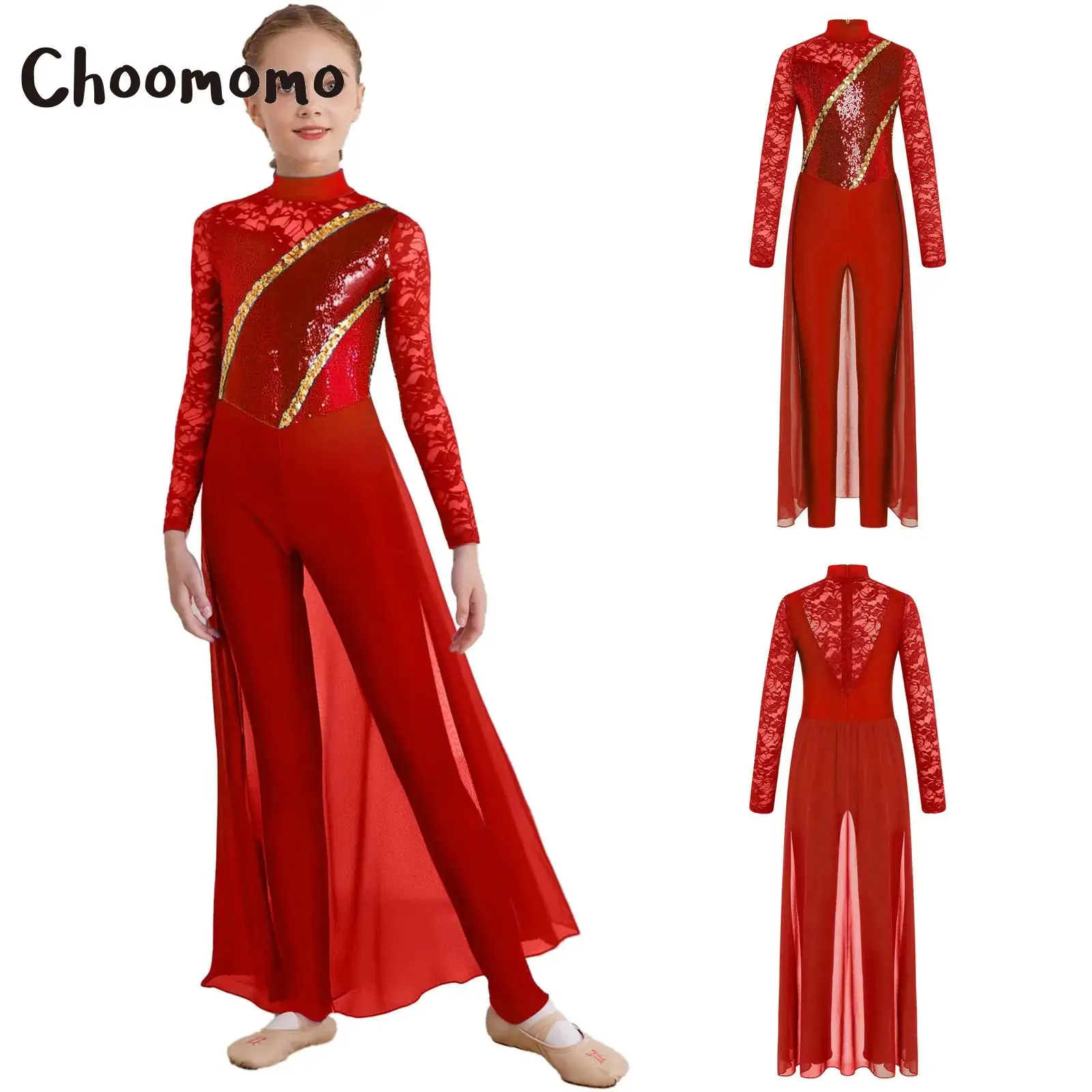

Kids Girls Ballet Gymnastics Jumpsuit Long Sleeve Sequins Chiffon Skirted Romper Figure Skating Dancewear for Stage Performance