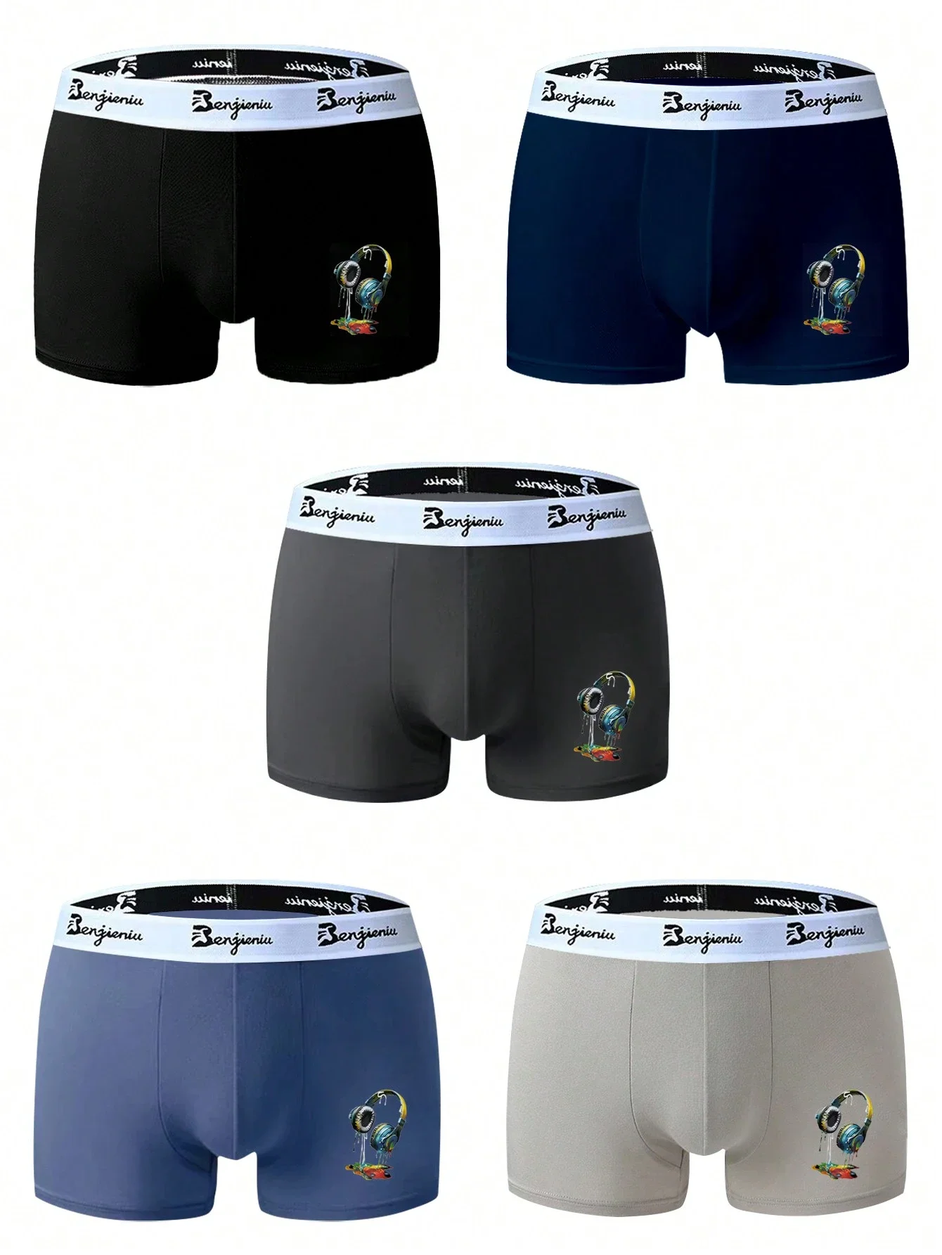 

5 Pcs Mens Breathable Boxer Briefs Underwear Solid Color With Print