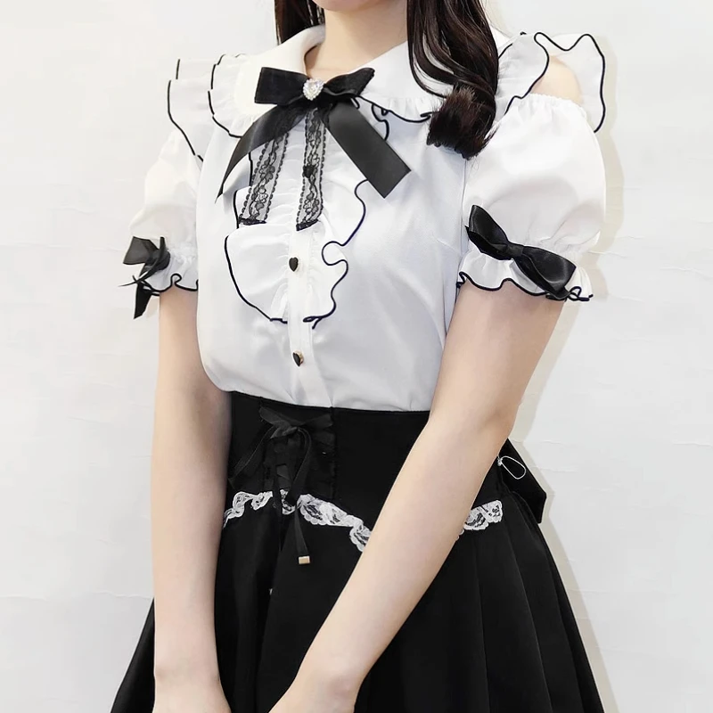 Sweet Cute Girls Short Sleeve Tops Japanese Style Mine Mass-Produced 2024 Summer Kawaii Slimming Lace Off-Shoulder Shirt