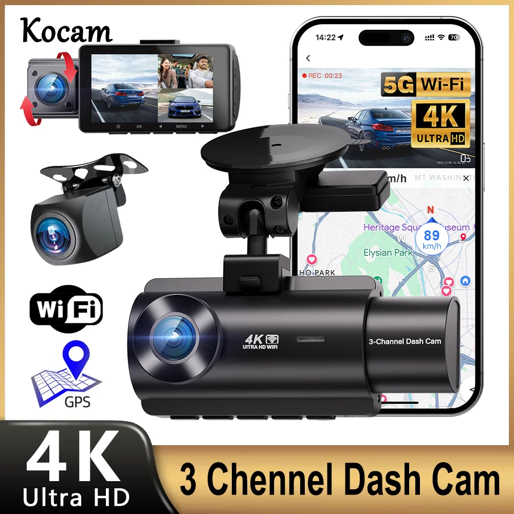 

Видеорегистратор Kocam 3-в-1 с Wi-Fi и GPS, 4K, для автомобиля, с записью с трех камер (салон, салон, экстерьер)