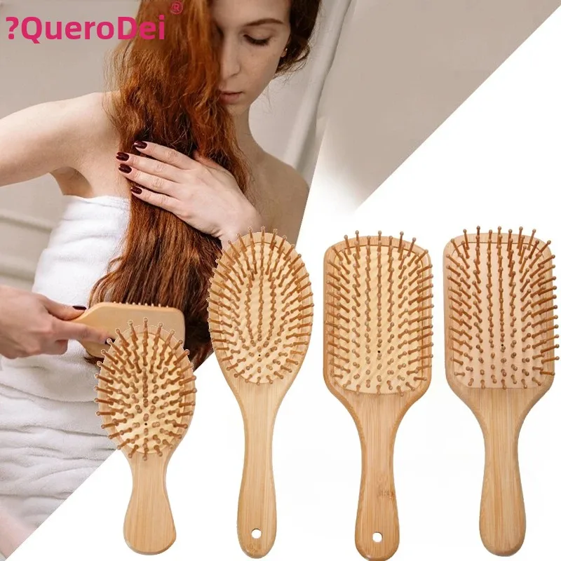 Escova de cabelo de bambu estilo feminino pente de cabelo escova de cabelo dentes largos pentes de bambu para cabelo massagem suave escova de couro cabeludo pente de barbeiro