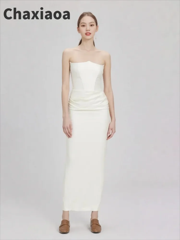 Chaxiaoa Fishbone Sexy Maxi Satin Dress Women Strapless Sleeveless Pleated Long Dress Female Elegant Evening Party Robe Vestidos
