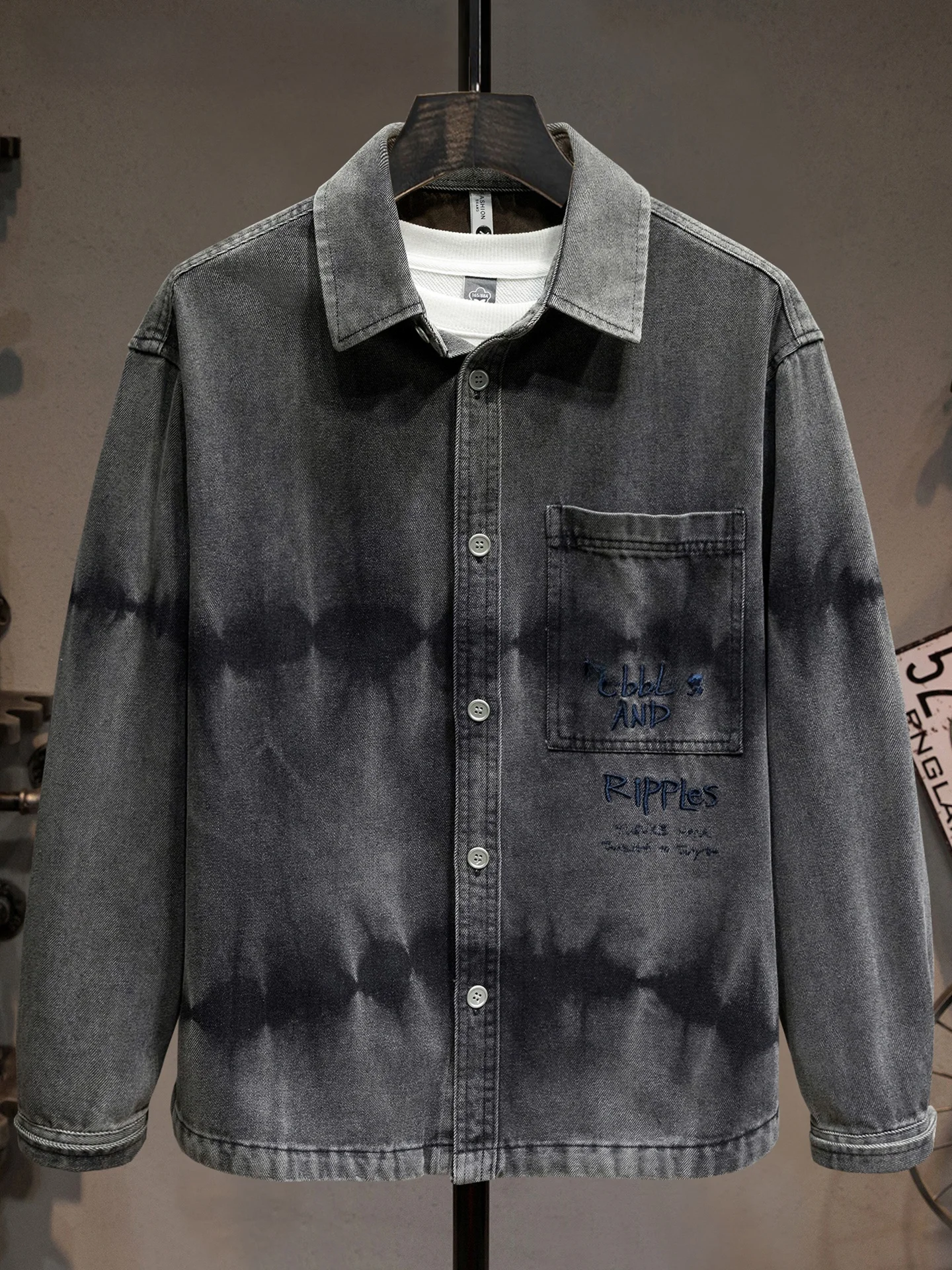 

Мужская повседневная джинсовая рубашка с длинным рукавом, вышивкой и эффектом тай-дай, в американском ретро-стиле, для активного отдыха и фитнеса