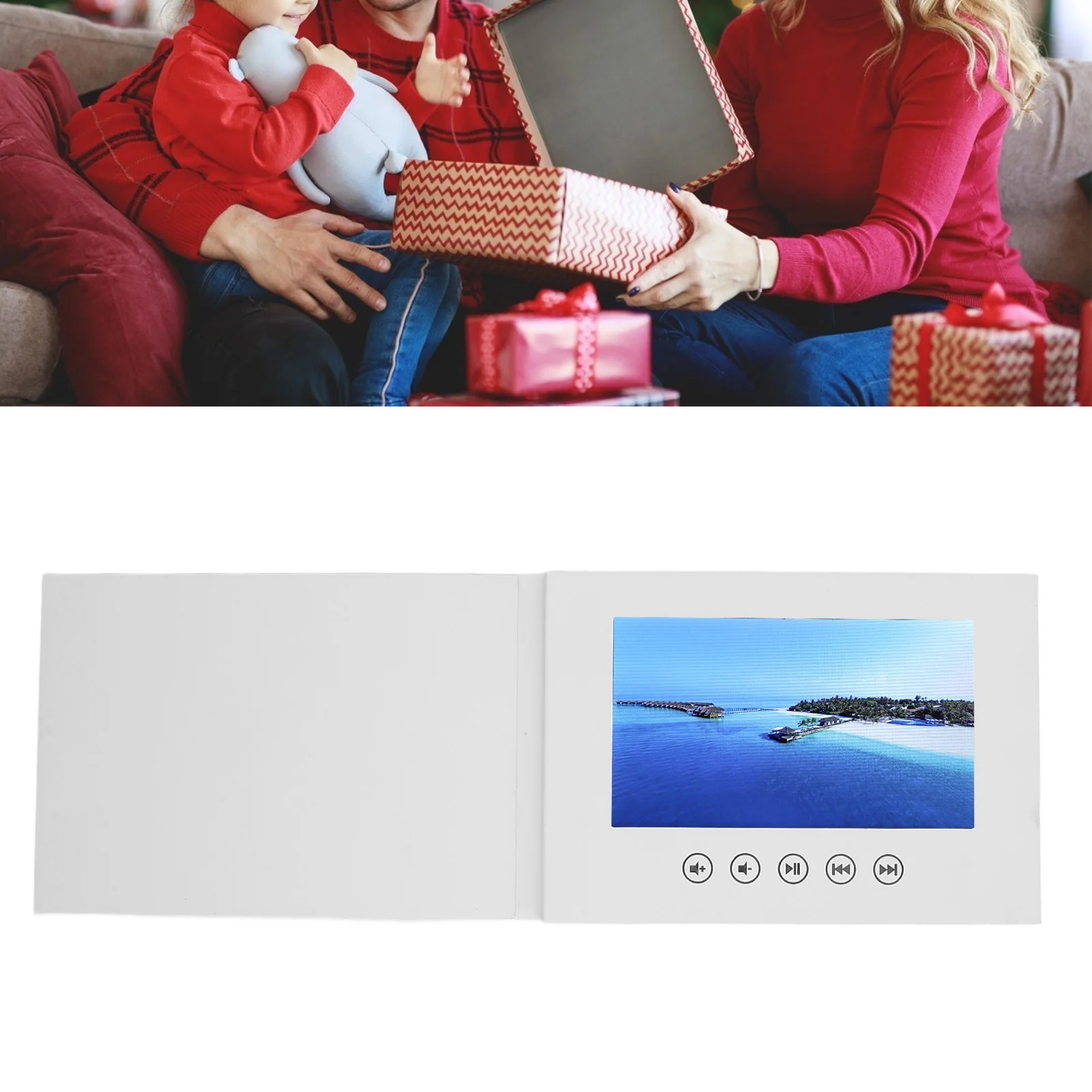 โบรชัวร์วิดีโออิเล็กทรอนิกส์ 720P HD การ์ดอวยพรวิดีโอ หน้าจอสี LCD พร้อมลำโพงในตัว สติ๊กเกอร์สำหรับคริสต์มาส