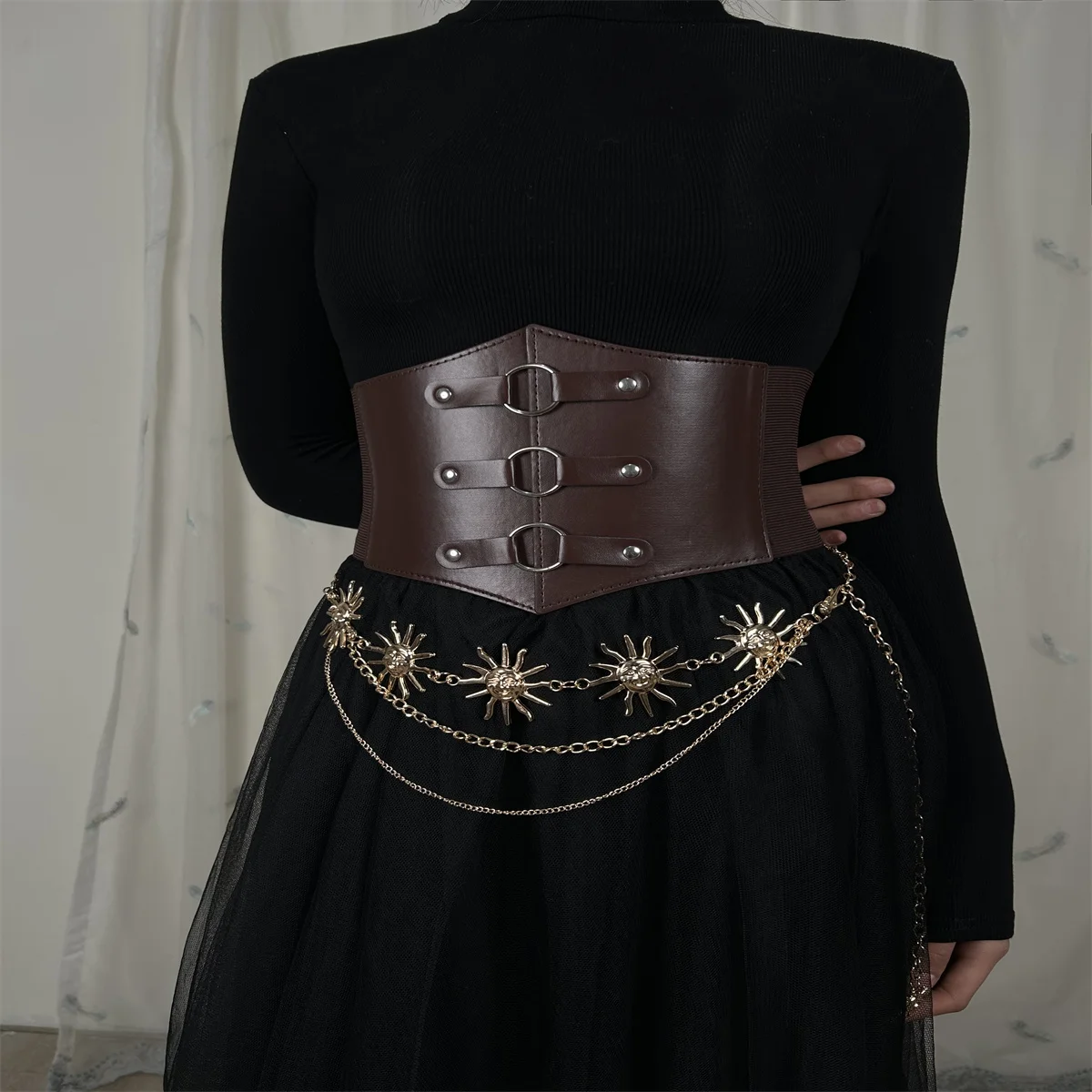 Tight Fitting Corset, Wide Waistband, Women's Dress, Sun Smiling Face, Metal Body Necklace, Waist Chain, And Large Elastic Band