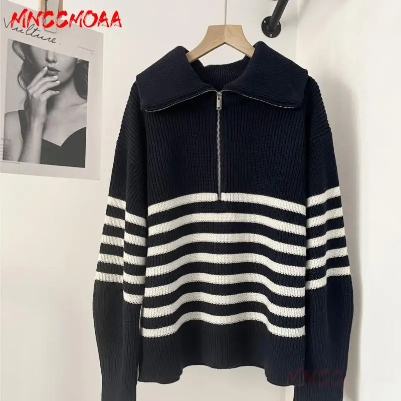 MNCCMOAA High Quality 2024 Autumn Winter Women Fashion Loose Striped Knit Sweater Female Casual Zipper Long Sleeve Top Pullovers