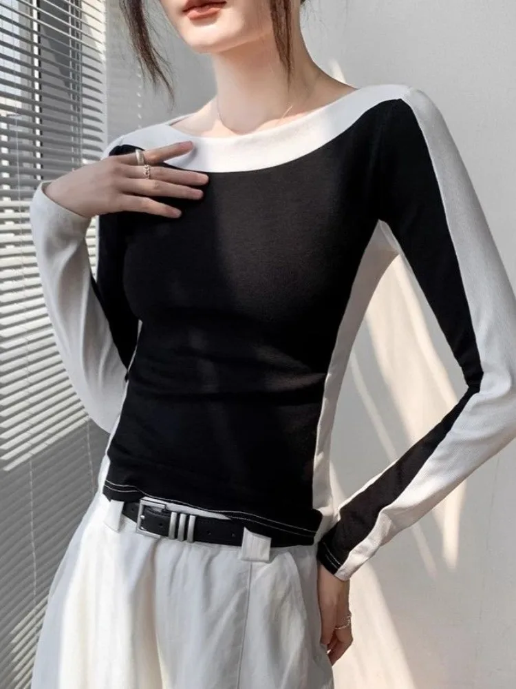 موضة بسيطة المرقعة كم طويل تي شيرت 2025 أوائل الخريف جديد لباس أبيض للنساء Y2k سليم صالح قاع تي شيرت